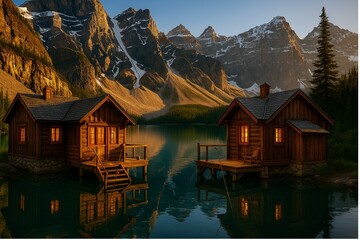 Portrait Landscape of Timber Cabins and Directly Attached Lakeside Fishing Docks


