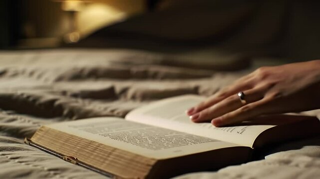 Hand with ring rests on a book in a dimly lit bedroom setting