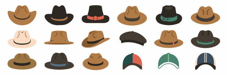 Hand-drawn vector icons of assorted classic and casual hats