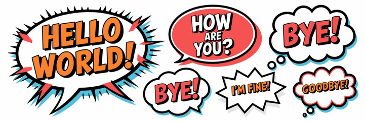 Comic-style speech and thought bubble icons with fun text