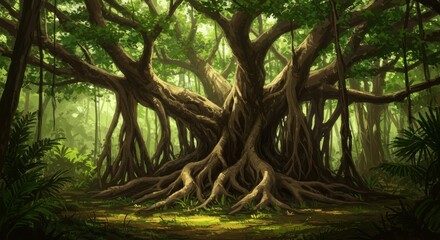 A Majestic Banyan Tree Dominates the Lush Tropical Forest