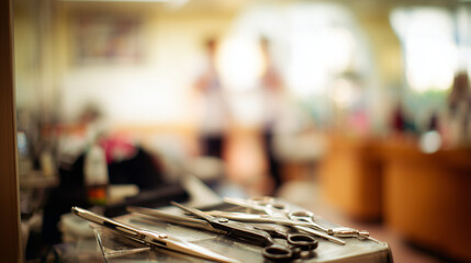 Barber shop scene highlighting hairstyling tools in warm ambient light.
