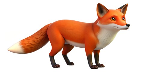 Cute cartoon fox with orange fur and bushy tail standing on white background