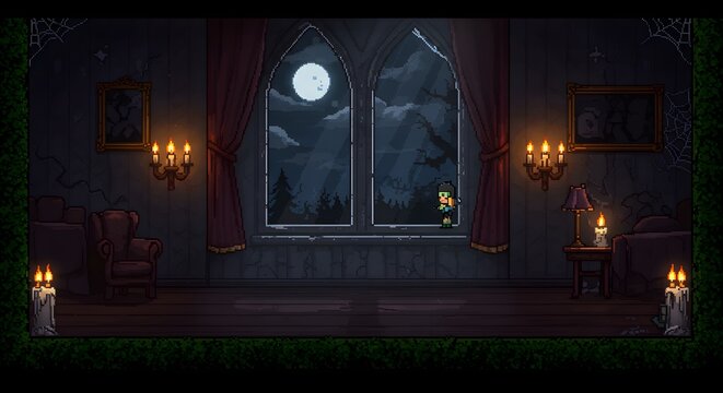 Spooky Pixel Art Scene of a Haunted Room with a Moonlit Window