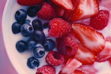 Yogurt with fresh raspberries, blueberries, bananas in ceramic bowl on pink background. Organic harmony of dairy, vitamins, and natural fiber.