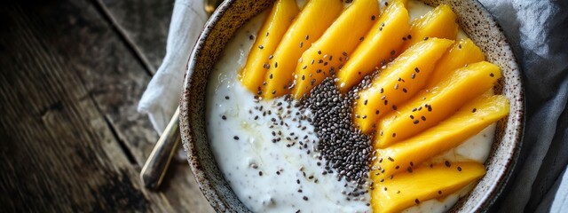 Yogurt in bowl with mango and chia seeds on wood background . tropical superfood breakfast that's fresh, creamy, and organic. banner 