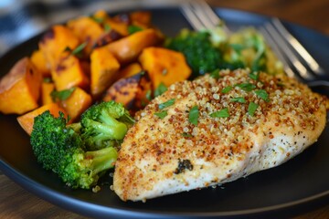 plate of a healthy, protein-packed meal, grilled chicken breast, topped with a sprinkle of fresh herbs, quinoa, roasted pumpkin and broccoli on rustic, matte black plate on wood background 