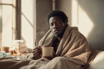  sick black man sit on bed wrapping blanket, hold a steaming mug and thermometer , gentle natural daylight in room, bright and warm atmosphere