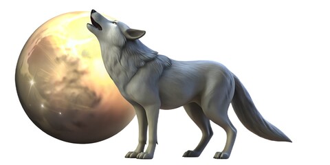 A majestic white wolf howls at a luminous golden moon in the night sky