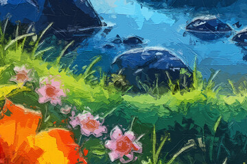 Various oil paintings, flowers, butterflies, rabbits, landscapes, moon, tropical leaves, lakes, chrysanthemums, streams