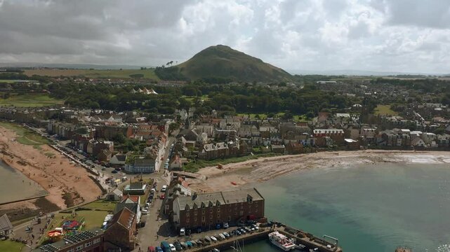 Aerial view of West Bay and historic town, North Berwick, Scotland.