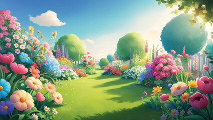 Naklejka premium Vibrant Cartoon Garden with Sunny Sky
