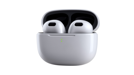 A pair of wireless earbuds in an open charging case, isolated on transparent background, product mockup branding promotion template 
