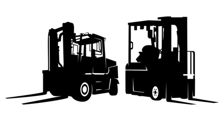 Forklift silhouette side and diagonal view black and white illustration vector set

