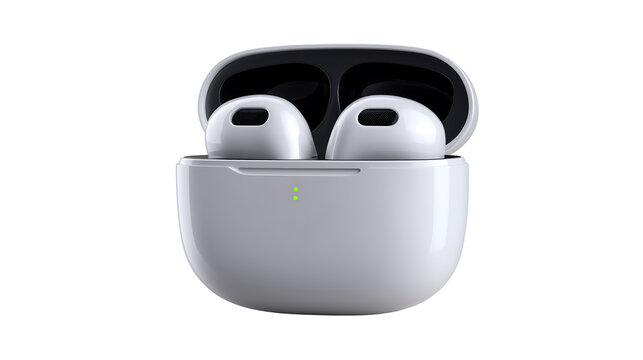 A pair of wireless earbuds in an open charging case, isolated on transparent background, product mockup branding promotion template