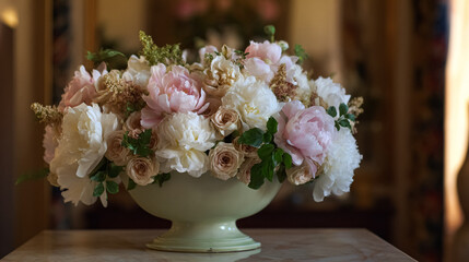 Elegant English garden bouquets in vintage vases, adorned with peonies, tulips and roses and other flowers, displayed in manor garden with dappled light and timeless floral grace