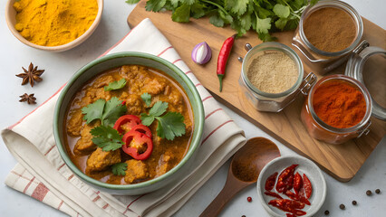 Flatlay of Exotic Spicy Dishes Featuring Indian Curry and Spice Jars. Perfect for: Diwali, Holi Festival, Indian cuisine week