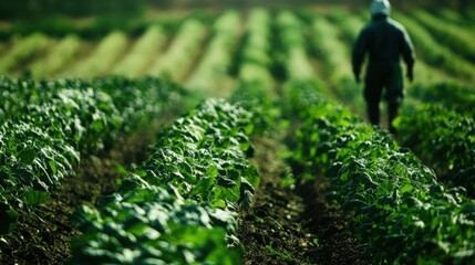 Farmer Walking Through Rows of Green Crops in Agricultural Field