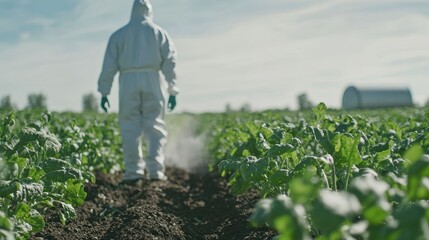Farmer in Protective Suit Walking Through Lush Green Crop Field