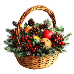 Wicker Basket Fruit Arrangement: Apples, Pomegranates, Berries, Pine Cones
