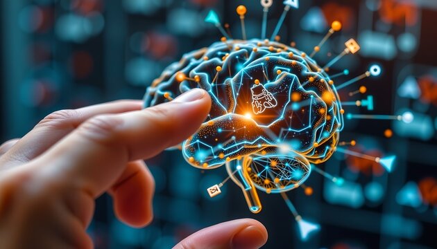 macro close up of hand manipulating ai digital brain with data and automation symbols.