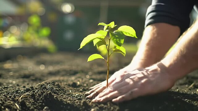 Planting sapling in soil, hands gently covering plant in dirt