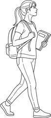 A thoughtful young female student line art, with a backpack and books, walking diligently..