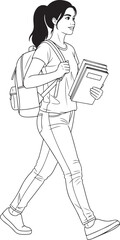 A confident young female student line art, with a backpack and books, walking to class
