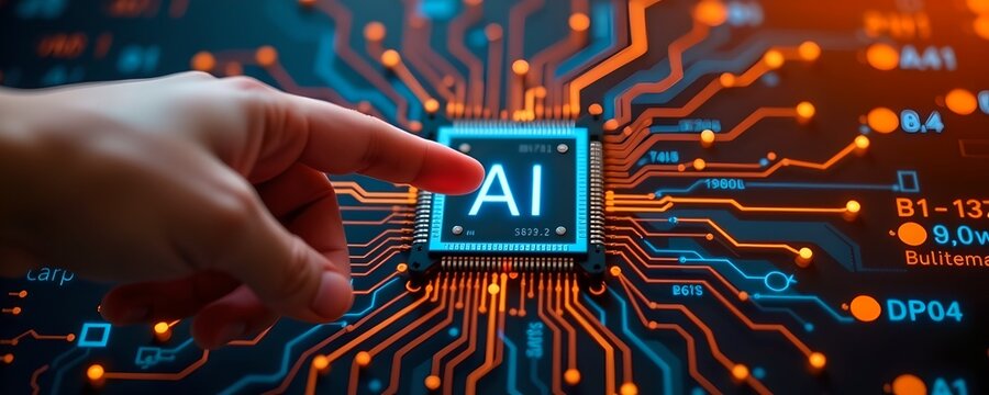 macro front icon of hand pointing at ai computer chip with connected data network.
