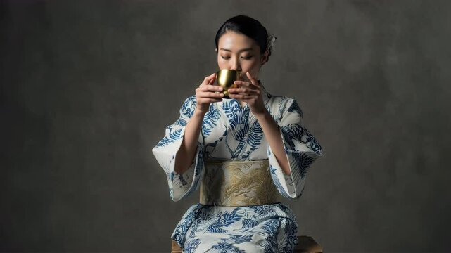 流水に舞う鶴刺繍白浴衣の淑女