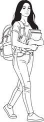 A smiling young female student line art, with a backpack and books, confidently walking forward..