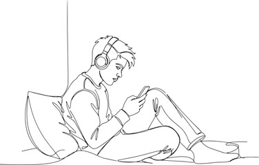 Black line art drawing of a young man with headphones, using his phone.