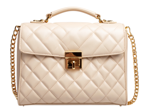 Top View of Elegant Beige Leather Handbag with Gold Chain Strap, isolated on white background PNG