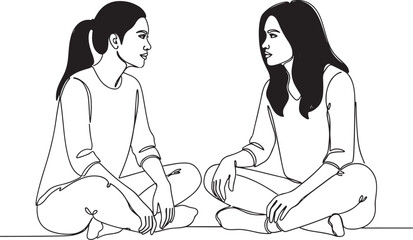 Single continuous line art drawing of two women sitting cross-legged, having an engaging conversation