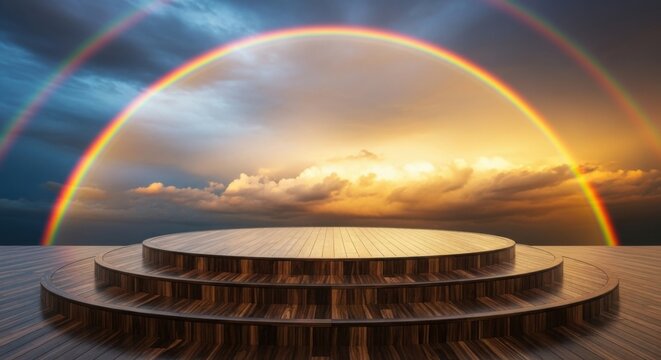 A stunning triple rainbow illuminates the sky behind a tiered podium on a wet surface