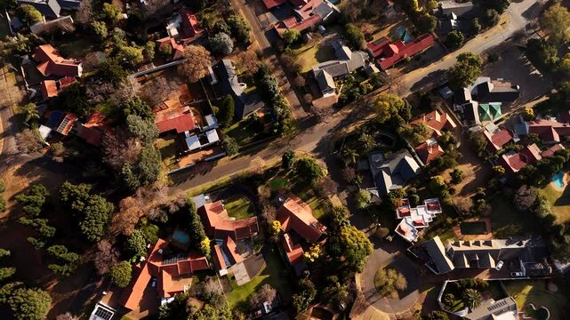 Top down aerial view over Johannesburg neighborhood with large erf properties