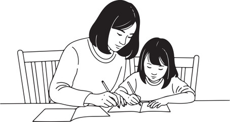 Black and white line art of a mother and daughter sitting at a table, doing homework together