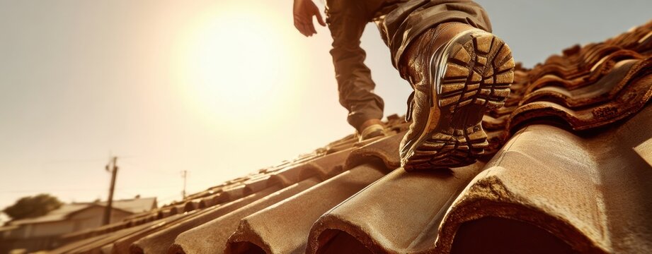 The worker navigating a tiled roof during sunset with safety footwear.