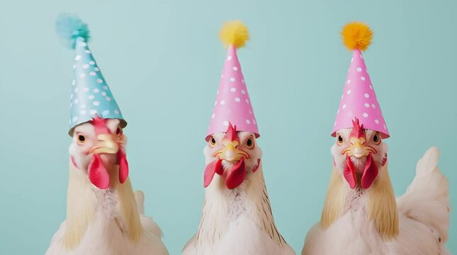 Playful video of chickens wearing pastel-colored party hats, walking around in a lighthearted and whimsical setting. The scene is humorous and charming, blending farm life with a festive twist&mdash;perfect