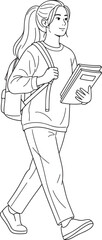 A smiling young female student with a backpack and books walking, eager for class