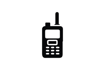 Professional Two-Way Radio Handheld Communication Device Icon;  Black and White Minimalist Style,  Clean Modern Design,  Simple Efficient Communication Concept,  Business Technology Image.