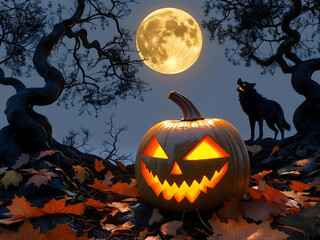 Fototapeta premium Jack-O'-Lantern with Wolf Howling at Full Moon Halloween Scene