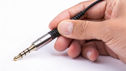 Close-up of a hand holding a 3.5mm audio jack connector.