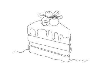 Dessert sweet piece of cake with cranberry berry, sweetness, continuous single one line art hand drawing sketch logo