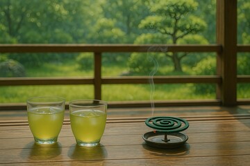 縁側の冷茶と蚊取り線香の夏の風景｜Summer Japanese Veranda with Iced Green Tea and Mosquito Coil