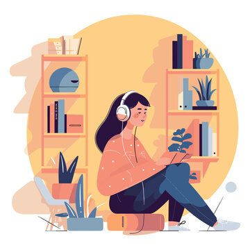 A serene depiction of a woman enjoying music with headphones in a comfortably furnished setting surrounded by books and plants. Ideal for concepts like relaxation, leisure, and home lifestyle.