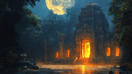 Ancient Temple, Moonlit Jungle