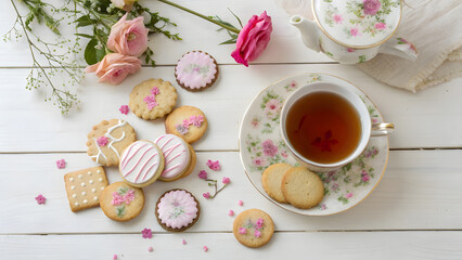 Flatlay of Tea-Time Cookies with Floral Tea and Porcelain Teacup. Perfect for: Spring tea parties, bridal showers, Easter