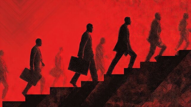 Silhouettes of businesspeople with briefcases ascending dark stairs against an intense red textured background symbolizing ambition and corporate climb
