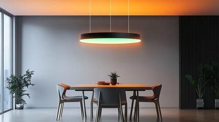 Dining room with round light fixture and plants in a modern interior design